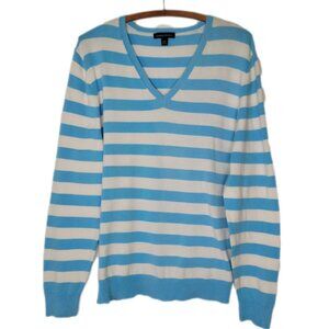 Land's End sweater V-neck baby blue and white‎ wide stripe women's size Lg 14-16